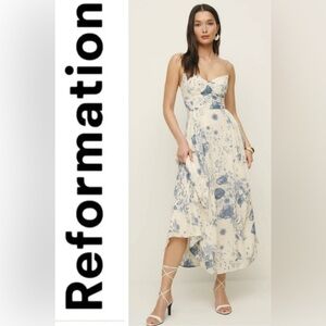 Reformation NWT midi dress 12 blue & white florals Jaelyn dress refresh $228